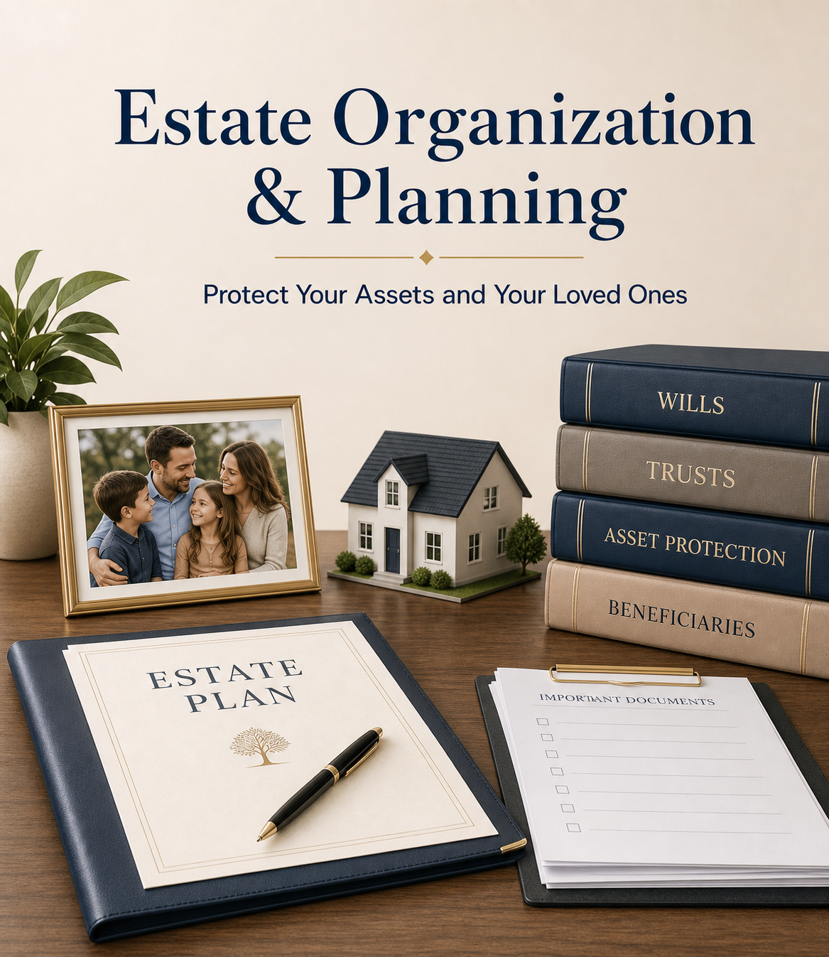 Estate Planning Documents on Clean Desk with Family Photo and Home Model