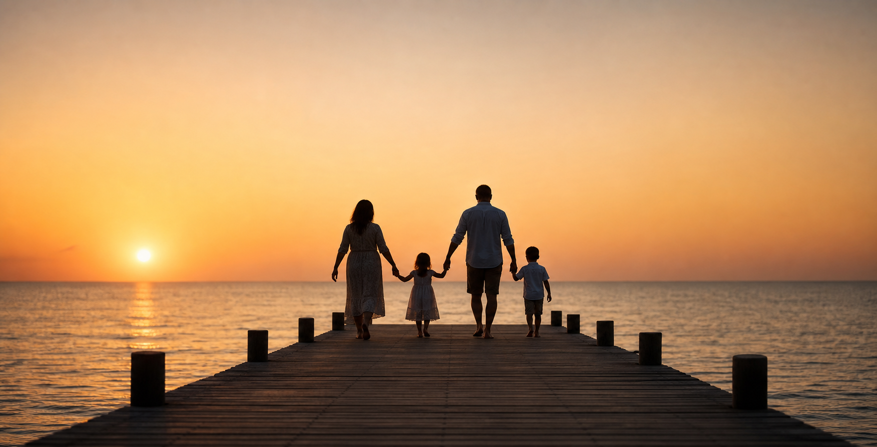 Family Silhouette on Wooden Pier at Sunset Family Silhouette on Wooden Pier at Sunset