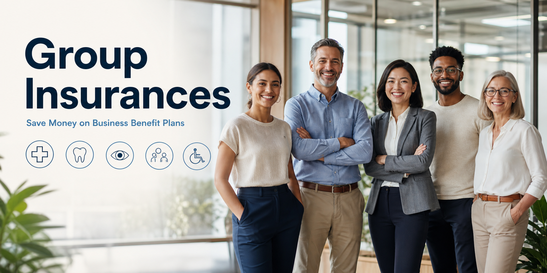 Group Insurances Banner with Diverse Team and Benefits Icons