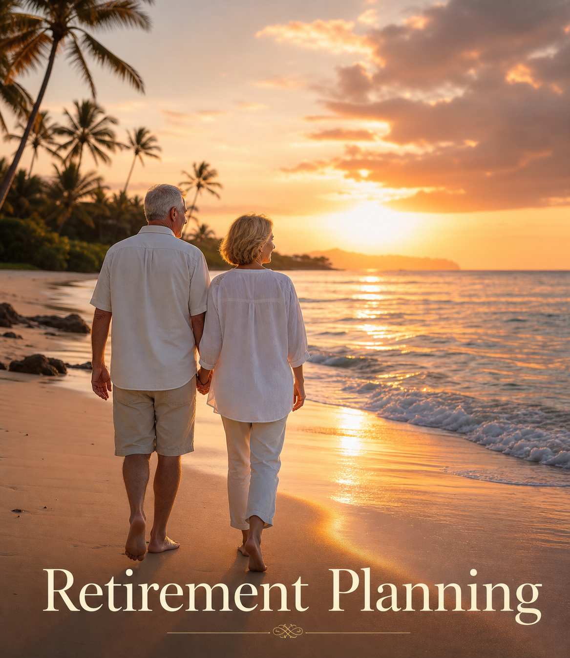 Retired Couple Walking at Golden Sunset Beach